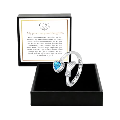 Granddaughter Daughter Hug Ring For Hope Rings, Stainless Steel Inspirational Jewelry Engraved Always With You Love You Forever Message Adjustable Non Tarnish Jewelry Birthday Gift Card - color: LYF Blue Diamond