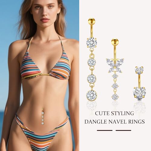 D.Bella Belly Rings for Women Belly Button Piercing Clicker Belly Button Ring Belly Button Rings Dangling 14G Surgical Steel CZ Butterfly Dangle Belly Piercing Jewelry Silver Rose Gold - color: B -Gold