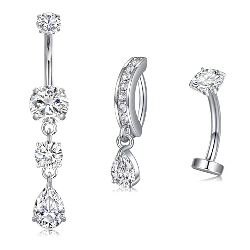 Briana Williams Belly Button Ring Clear CZ Dangle Belly Button Piercing Belly Rings Dangle Belly Button Rings Surgical Steel Teardrop Dangle Belly Button Jewelry for Women Silver Gold - color: E -silver