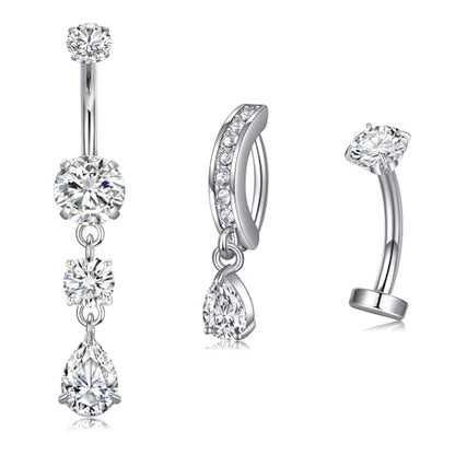 Briana Williams Belly Button Ring Clear CZ Dangle Belly Button Piercing Belly Rings Dangle Belly Button Rings Surgical Steel Teardrop Dangle Belly Button Jewelry for Women Silver Gold - color: E -silver