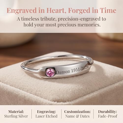 Custom Name Ring with Birthstone 925 Sterling Silver Engraved Memorial Rings for Women Husband Mom Dad Sympathy Gift for Loss Of Loved One