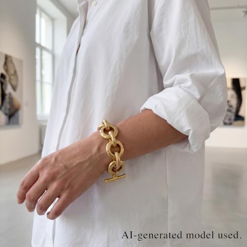 18K Gold Plated Hammered Toggle Bracelet for Women | Chunky hammered statement bracelet with a toggle closure and 3 adjustable sizes, designed for everyday wear and gifting - style: Style Two