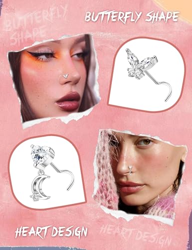 Sanfenly 12 PCS 20G Nose Rings Surgical Stainless Steel, L Shaped Nose Studs for Women Men, CZ Heart Butterfly Flower Leaf Moon Dangle Cute Nose Piercings Studs Screw Jewelry Pink/Purple/Blue/Clear - color: Screw Clear