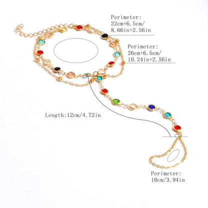 Golden-Tone Link Chain Anklet and Toe Ring Jewelry set for women | Adjustable Link Chain Anklets Jewelry set Colorful Crystal Charms, Star and Heart Accents Summer Beach Boho Foot Jewelry - color: Gold