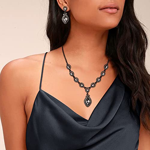 EVER FAITH Bridal Wedding Crystal Marquise Teardrop Pendant Necklace Earrings Bracelet Set for Prom - color: Grey Black-Tone
