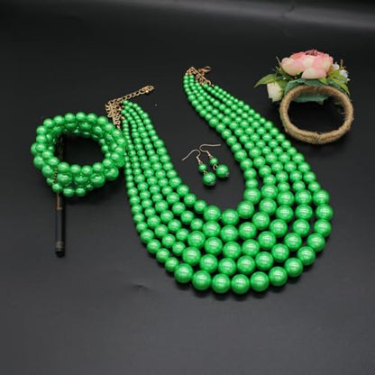 Faux Big Pearl Srand Necklaces for Women 5 Layers Pearls Choker Bib Collar Necklace Bracelet and Earrings set 1920s Costume Pearl Jewelry Bridal Wedding - color: green