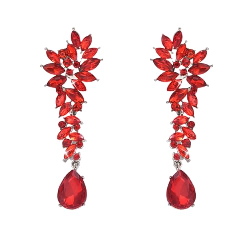 Silver Rhinestone Wedding Earrings for Women,Silver Sparkling Crystal Chandelier Earrings,Formal Cocktail Prom Teardrop Dangle Drop Statement Jewelry - color: Red