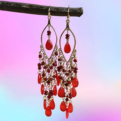 Essencedelight Crystal Beaded Tassel Earring Long Beaded Dangle Earring Fringe Hook Earring for Women Bridal Wedding - color: red