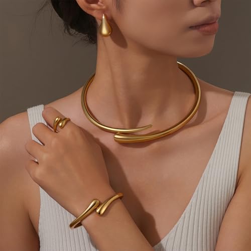 4 Pcs Chunky Gold Jewelry Set for Women, 14K Gold Plated Cuff Choker Collar Necklace, Teardrop Drop Earrings, Teardrop Wrap Ring, Hinged Cuff Bangle Bracelets, Statement Fashion Jewelry - color: Gold