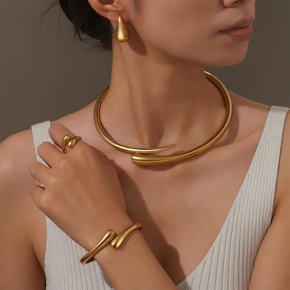 4 Pcs Chunky Gold Jewelry Set for Women, 14K Gold Plated Cuff Choker Collar Necklace, Teardrop Drop Earrings, Teardrop Wrap Ring, Hinged Cuff Bangle Bracelets, Statement Fashion Jewelry - color: Gold