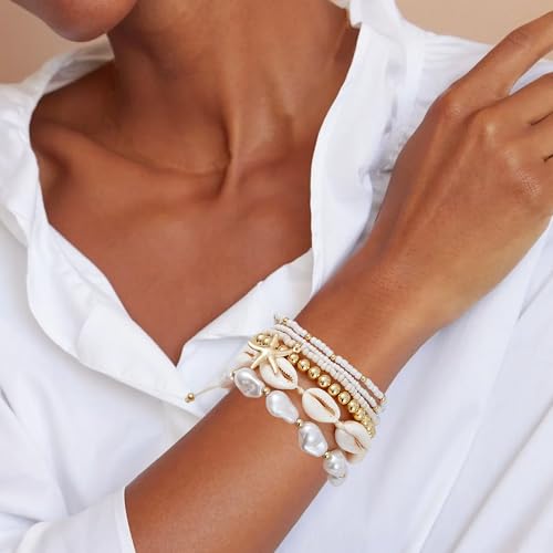 Summer Surfer Heishi Bracelet Set for Women Stackable Gold Plated Clay Ploymer Bead Stretch Pink Beach Layering Bracelets Jewelry - color: A-Starfish bracelet
