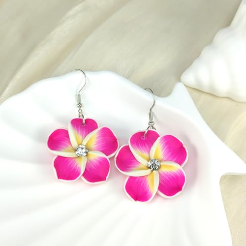 Floral Dangle Earrings for Women Hawaiian Tropical Plumeria Rubra Flower Drop Earrings with Cubic Zirconia Luau Beach Party Vacation Hawaiian Accessories Jewelry Gift - color: Hot Pink