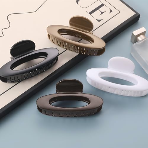 4 Pack Oval Hair Clip, 4.7" Large Durable Trendy Hair Claw Clip with Bead & Butterfly Spring, Premium PC Material Cozy Fashion Hair Claw for Thick Hair, Gift Set for Women Girls, Daily Wear - color: Classic Color 4: Black, White, Brown and khaki