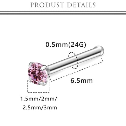 Hoeudjo Hypoallergenic Nose Rings Studs 24G Surgical Stainless Steel Cubic Zirconia Nose Studs for Women Men Screw & Bone & L Shaped Nostril Piercing Jewelry with 1.5mm 2mm 2.5mm 3mm CZ - color: silvertone(pink CZ),nose bone studs