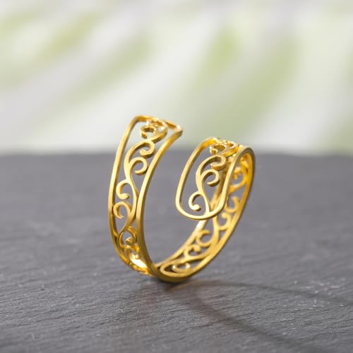 TEAMER Adjustable Filigree Flower Ring Stainless Steel Filigree Flower Ring Bohemian Jewelry Band Open Ring For Women - color: Gold