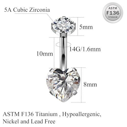 ASTM F136 Titanium Belly Button Rings 14G CZ Heart Belly Navel Rings 10mm Bar Body Piercing Jewelry Navel Ring With 1PCS Curved Piercing Taper - color: Clear CZ