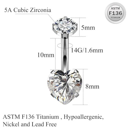 ASTM F136 Titanium Belly Button Rings 14G CZ Heart Belly Navel Rings 10mm Bar Body Piercing Jewelry Navel Ring With 1PCS Curved Piercing Taper - color: Clear CZ