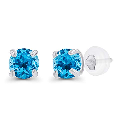 Solid 14K Gold 3mm Round Prong Set Hypoallergenic Genuine Petite Birthstone Stud Earrings - color: Blue Topaz-Swiss Blue Topaz
