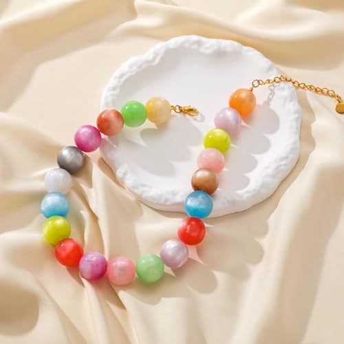 Beaded Necklace for Women Boho Chunky Large Round Beaded Statement Choker Trendy Adjustable Resin Necklaces Summer Beach Jewelry Gifts - color: Colorful