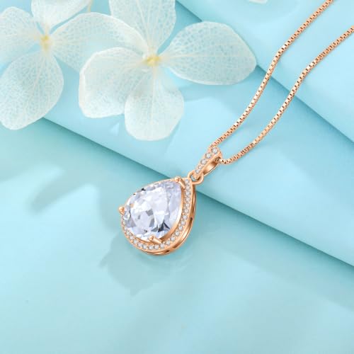 FJ Teardrop Pendant Necklace 925 Sterling Silver Birthstone Jewelry for Women - color: 04 April-Simulated Diamond-Rose Gold