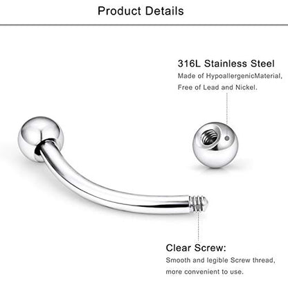 Lcolyoli 20g Surgical Steel Tiny Curved Eyebrow Barbell Ear Navel Belly Ring Piercing Jewelry for Women Men 10mm 9-12 Pieces - color: D: 9Pcs-20G-3/8"