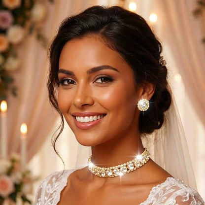 CLOACE Rhinestone Bridal Wedding Jewelry Set Sparkly Chocker Necklaces Earrings Prom Jewelry Accessories for Women - color: Gold