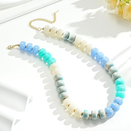 Beaded Necklaces for Women - Colorful Acrylic Beaded Chunky Necklace | Adjustable Statement Necklace, Puffy Heart Pendant, Boho Choker Necklace, Waterproof Summer Beach Jewelry, Gifts for Vacation - color: Gray-blue