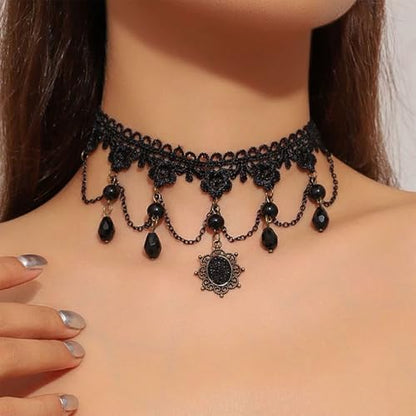 Wide Black Lace Choker Necklace Gothic Lace Pearl Tassel Necklace Short Hollow Flower Tattoo Necklaces Waterdrop Rhinestone Necklaces Halloween Wedding Party Jewelry - style: Style2