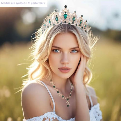 Kamirola Tiaras and Crowns for Women,Tiaras Earrings Necklace, Crystal Bridal Jewelry Set, Costume Party Halloween Prom Pageant Jewelry for Women(TR45) - color: Gold Green