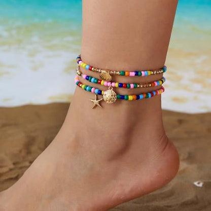 Starfish Shell Anklet Bracelets for Women, Boho Beaded Shell Anklet Set, Beach Vacation Foot Jewelry, Layered Summer Beachy Anklets - color: A5