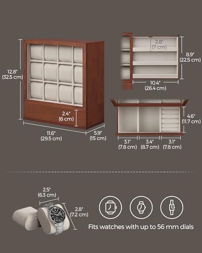 SONGMICS Watch Box 12-Slot Watch Display Case with Window | Solid Wood Veneer, Velvet Lining, Vertical Storage, Space Saving, Gift Idea, Coffee Brown, UJOW014K01 - color: Coffee Brown, size: 12 Slot