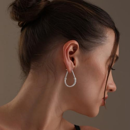 LeCalla 925 Sterling Silver Hoop Earrings for Women | Italian Design Classic Diamond-Cut Textured Hoops Earring | Women's Oval Drop Shape Silver Earring Jewelry - color: Large Classic Diamond-Cut