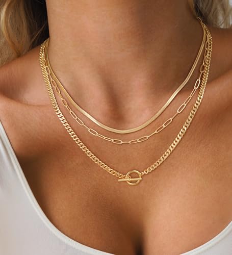 CHESKY 14K Gold Plated Layered Chain Necklace for Women | Trendy Cuban Link Chain, Chunky Paperclip Chain, Toggle Clasp Necklace, Fashion Gold Jewelry, Daily Gift for Women - style: chain3-gd