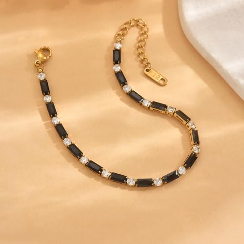 18K Gold Plated Multi-Color Classic Tennis Bracelet for Women Dainty Color 3mm Rainbow Cubic Zirconia Bracelet Adjustable CZ Gold Bracelets Trendy Summer Jewelry Gift - style: Black-Gold