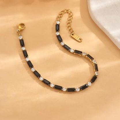 18K Gold Plated Multi-Color Classic Tennis Bracelet for Women Dainty Color 3mm Rainbow Cubic Zirconia Bracelet Adjustable CZ Gold Bracelets Trendy Summer Jewelry Gift - style: Black-Gold