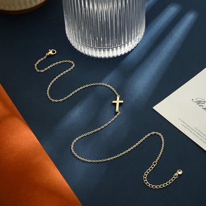 Cross Necklace for Women Dainty Small Cross Pendant Choker 14K Gold Plated Simple Trendy Cute Cross Charm Chain Necklace Easter Baptism Religious Faith Jewelry Gift - color: Sideways Cross-GD