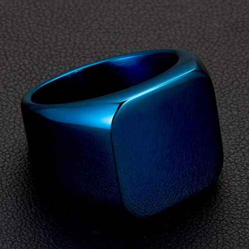 Stainless Steel Signet Ring for Men Solid Square Biker Rings Matte Brushed/Polished Finish - color: Polished, Blue