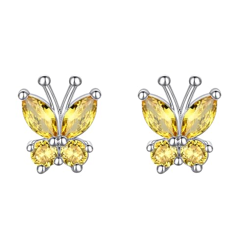 Suplight Butterfly Stud Earrings 925 Sterling Silver 14K Gold Brithstone Earrings for Women Brithstone Jewelry Gifts - color: 11.November ( Citrine), size: Silver