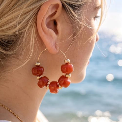 Colorful Beaded Earrings for Women Beaded Hoop Earrings | Chunky Acrylic Resin Boho Statement Drop Earrings Trendy Summer Beach Jewelry Accessories Gifts - color: Red