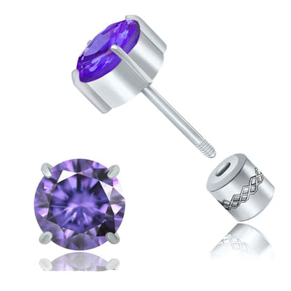 Titanium Flat Back Surgical Stainless Steel Stud Earrings for Women Men,Birthstone Stud Earrings Hypoallergenic Double Side 5A Cubic Zirconia Studs Jewelry 6mm - color: Silvery-Purple Cz