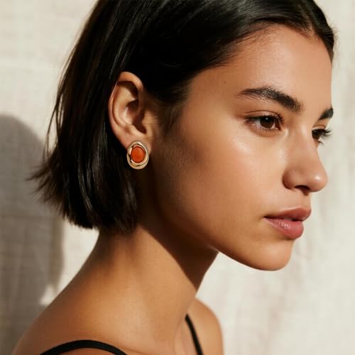 Jean Beau Chunky Gold Stone Stud Earrings for Women, Trendy Natural Gemstone Hypoallergenic Earing Valentine Jewelry Gift - color: Tangerine