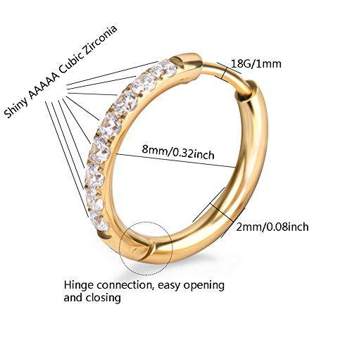 Hypoallergenic Unisex Surgical Steel Small Cubic Zirconia Huggie Hoop Earring, Color Gold - Silver - Rose Gold - Black - Rainbow, Size 6mm- 12mm Safe for Sensitive Ear - style: A0002 : 8MM Rainbow Hoops(2mm thickness)