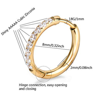 Hypoallergenic Unisex Surgical Steel Small Cubic Zirconia Huggie Hoop Earring, Color Gold - Silver - Rose Gold - Black - Rainbow, Size 6mm- 12mm Safe for Sensitive Ear - style: A0002 : 8MM Rainbow Hoops(2mm thickness)