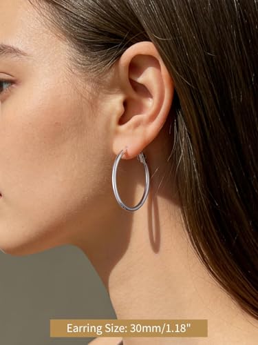 FindChic Thin Hoop Earrings for Women,Silver/Black/Gold Plated 20-100mm - color: Silver, size: 30mm