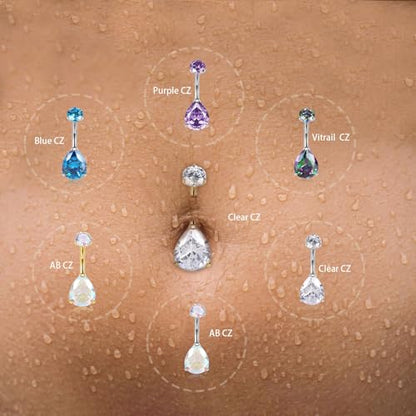 AROWRO Gold Belly Button Ring G23 Titanium Hypoallergenic 14G belly ring for Women Men Teardrop Navel Piercing Jewelry 10mm Barbell With Cubic Zircon - color: Gold+Teardrop Clear CZ