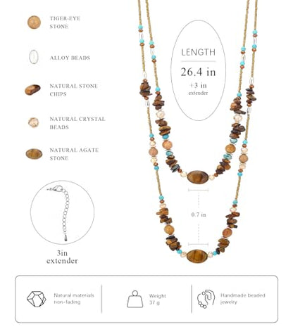 Noessla Boho Long Beaded Necklaces for Women Double Layer Chunky Irregular Stone Beads Strand Statement Jewelry Mothers Day Gifts - color: Brown