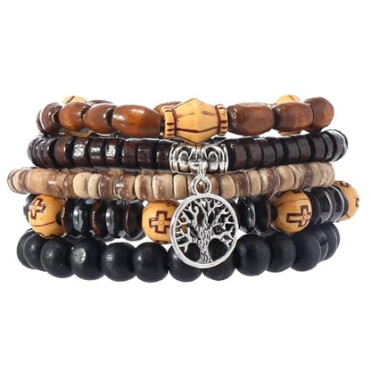 Mens Beaded Bracelets Tribal Wooden Elastic Adjustable Prayer Beads Wrap Cuff for Women - color: D: 5pcs