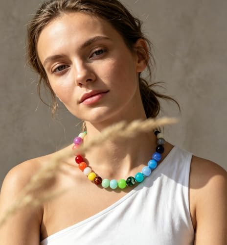 Chunky Beaded Necklace for Women 16mm Round Bead Resin Modern Statement Necklace Jewelry Accessories - color: colorful 08