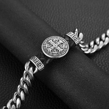 HZMAN 8.5Inch Cuban Link Bracelet for Men Silver Stainless Steel Heavy Biker Link Bracelet - color: St Benedict Cross