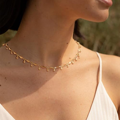 MTMY Beaded Necklaces for Women 14K Gold Plated Dainty Colorful Green/Rose Beaded Pearl Choker Necklace Delicate Boho Choker Necklace Jewelry Gift - style: Water drop beads